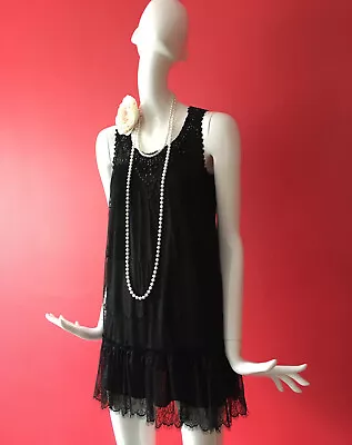 New Look Black Flapper 1920s Gatsby Charleston Lace Beaded Dress Size 14 • £25