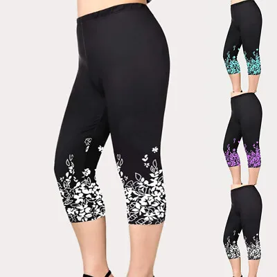 Plus Size Women Floral 3/4 Capri Pants Leggings Gym Yoga Sport Cropped Trousers • £10.99