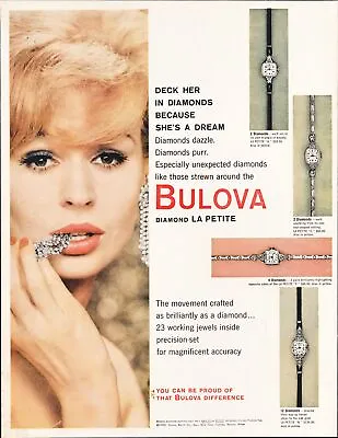 $10.97 • Buy 1959 Bulova Diamond La Petite Lady's Watch Vintage Print Ad Flirty Blonde Art