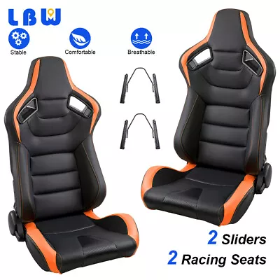 2x Black Faux Leather + Orange Stitching Racing Seats Reclinable Seats Universal • $393.43