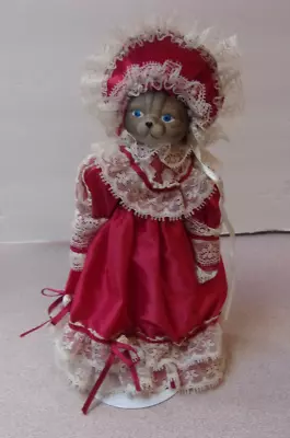 Vintage Ceramic 8  Cat Doll Figurine In Fancy Pink Dress & Bonnet On Metal Stand • $9.99