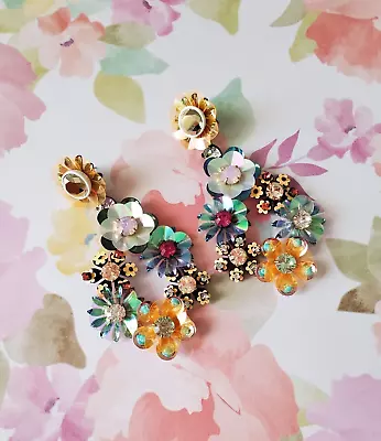 J Crew Sequin And Crystal Rose Statement Earrings Multi-Color • $99
