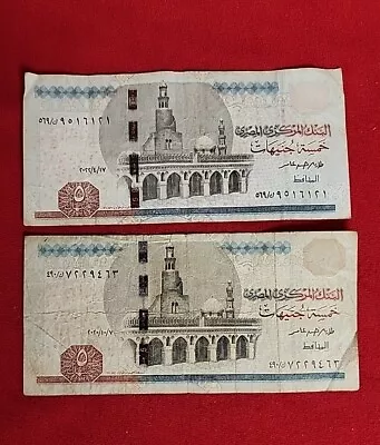 Old & Used 2  Egyptian Paper Money Each 5 Pounds ISSUED 20202022 • $1.99