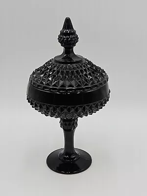 Vintage Indiana Glass Black Milk Glass Pedestal Candy Dish With Lid 12 Inch Tall • $69