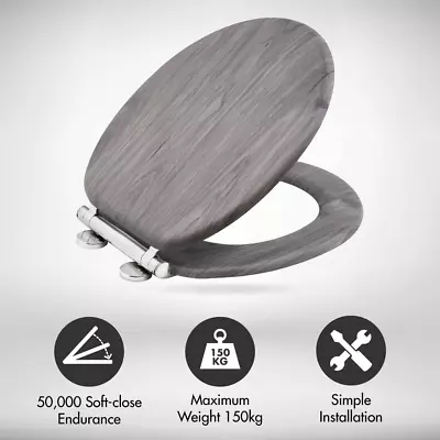 Grey Oak Wood Bathroom Toilet Seat Soft Close Quick Release Oval Shape Universal • £52.75