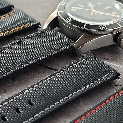 £14.95 • Buy Premium Sailcloth Watch Strap Band | Leather Lined Black Canvas | 20mm 22mm