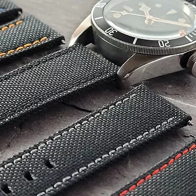 Premium Sailcloth Watch Strap Band | Leather Lined Black Canvas | 20mm 22mm • £19.95