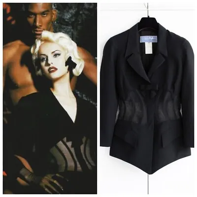 Thierry Mugler Vintage 1995 Black Mesh Corset Waist Bow Blazer Jacket • $3500