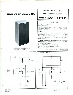 Vintage Marantz Model MS-15/ DS-602 3-Way Loudspeaker System Service Manual • $13.19