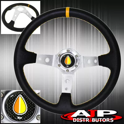 Universal 350mm 3 Spokes Black Steering Wheel Yellow Stitches Elder Leaf Horn • $41.99