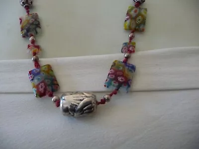 FLOWER MURANO GLASS BEADS W RED & SILVER TONE BEADS NECKLACE #23/15A • $9.99