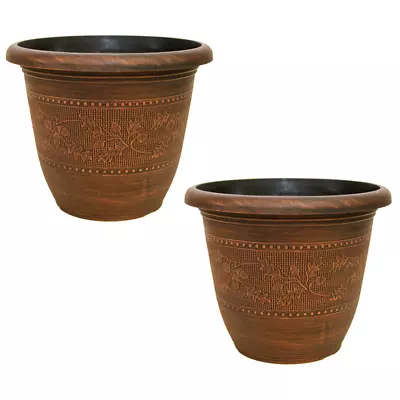 £11.50 • Buy Set Of 2 Round 33cm Garden Plant Pot Antique Copper Acorn Flower Autumn Planter