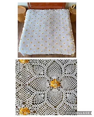 Vintage Handmade Crochet White Yellow Flower Bed Cover Spread 91”x83” Blanket • $19.90