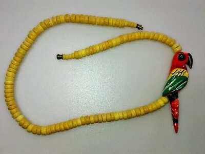 Vintage Tropical Travelers Necklace Red Green Yellow Macaw Beige Beads Barrel Cl • $11.95