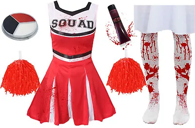 Girls Red Zombie Cheerleader Childs School Fancy Dress Costume Halloween Teen • £12.99