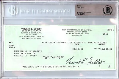 Vin Scully Signed Autographed Personal Check LA Dodgers #2016 1986 BGS Slabbed • $399.99