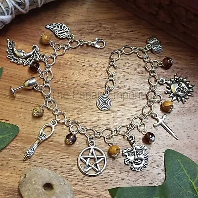 Wiccan Witch Charm Bracelet - Picture Jasper Pagan Jewellery Pentacle Goddess • £8