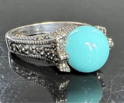 925 Sterling Silver Turquoise And Marcasites Ring  Size 6.75 • $37