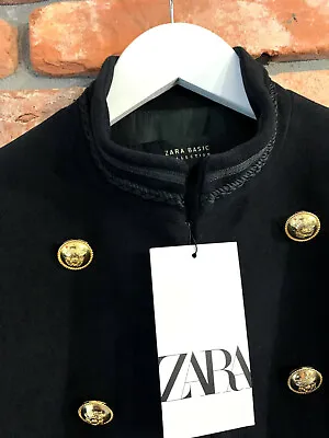 A643 Zara Short Blazer Black Military Velvet Gold Buttons Coat Jacket Medium - M • $99.99