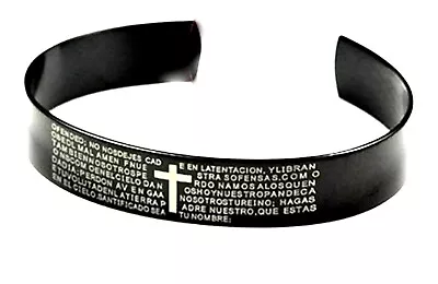 Black Stainless Steel Cross Lord's Prayer Open Cuff Bracelet • £3.69