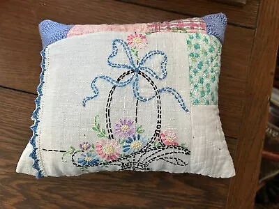 Primitive Stitchery Vintage Embroidery Small Pillow Spring Flowers • $16.95