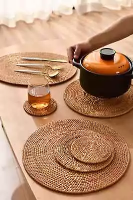 Natural Rattan Weaving Placemats Coasters Woven Table Mats For Dining Table • £3.97