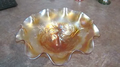 Antique Dugan Carnival Marigold Iridescent Glass Footed Ruffled Bowl Cherries • $21.99