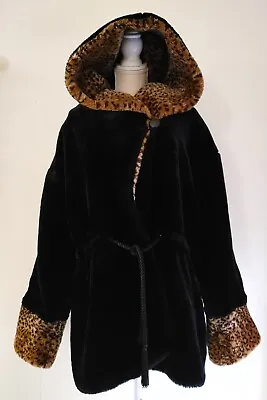 $71.10 • Buy Vintage Hooded Faux Fur Coat Black Leopard Womens Sz L Monterey Fashions USA