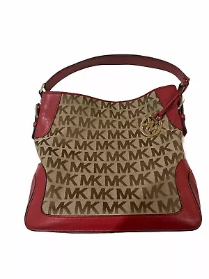 Preowned Michael Kors Brookville Burgundy And Beige Large Shoulder Bag Purse • $120