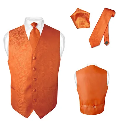 Men's Dress VEST NeckTie For Suit Tux BURNT ORANGE PAISLEY Design Tie Hanky Set • $27.95