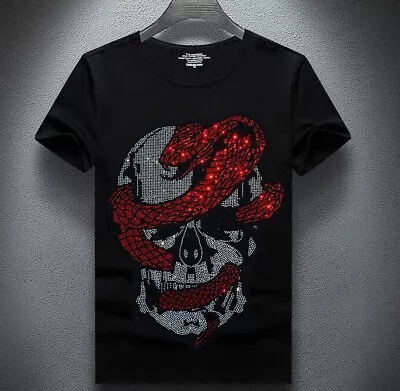 New Men Luxury Rhinestones Gothic Fashion Skull Black White T-Shirt High Quality • $41.50