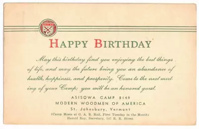 1940 Birthday PC: Asisqwa Camp 8149 Modern Woodmen Of America St Johnsbury VT • $9.95