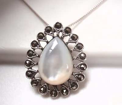 Mother Of Pearl And Marcasite Pendant 925 Sterling Silver • $14.99