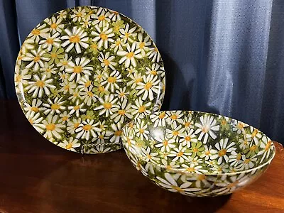 Vintage Fiberglass White DAISY 11  Salad Bowl 14  Tray Set 60's Flower Power!🌼 • $39.99