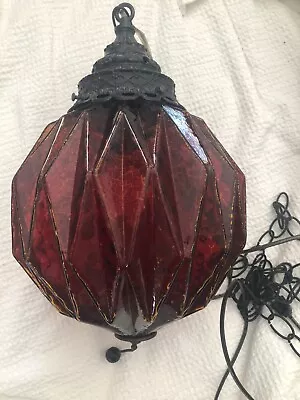 Vintage Hanging Swag Light Mid Century Red Glass Brass 60’s • $149.99
