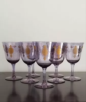 Set Of 7 Moser Bohemian Amethyst Glasses Gilt Classical Decorations H 6” • $280