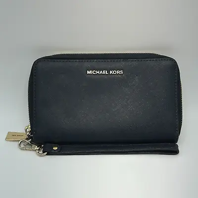 Michael Kors Leather Wallet Zip Around Dark Blue ID Window Zippered Wristlet • $17.99