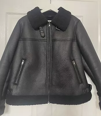 Women’s Marks & Spencer Faux Leather Flying Aviator Style Jacket Black Size 16 • £27.99