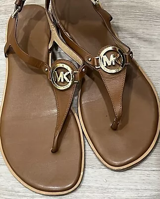 Michael Kors Leather T- Strap Flat Sandals Open Toe Brown /Gold Size 10 • $30