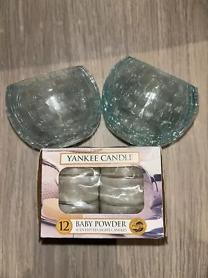 Yankee Candle Baby Powder Tea Lights & 2x Blue Crackle Glass Bowl Holder New • £16