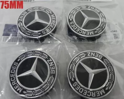 $10.97 • Buy 4x Mercedes Benz Wheel Center Caps Dark Black Emblem 75MM AMG Wreath Hubcaps Set