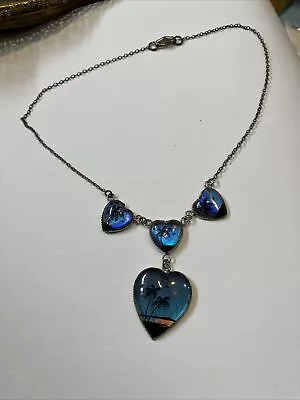 Vintage Morpho Blue Butterfly Wing French Sterling  Necklace Hearts Rare Estate • $36.50