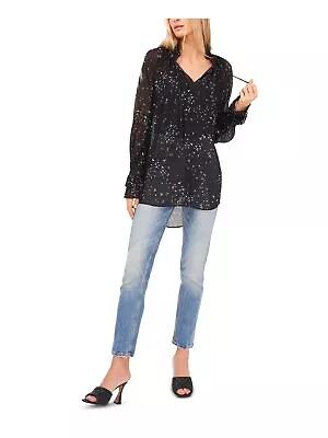 VINCE CAMUTO Womens Black Sheer Floral Long Sleeve V Neck Tunic Top XXS • $8.99