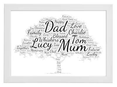 Personalised A4 Wordcloud Family Tree In White Frame Wall Art Gift • £11.99