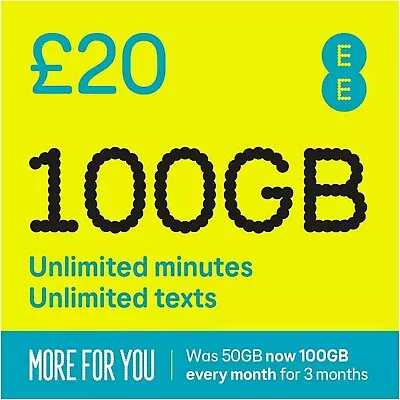 EE Sim Card Pay As You Go £20 Pack 100GB Data Unlimited SMS Mini Micro Nano PAYG • £0.99