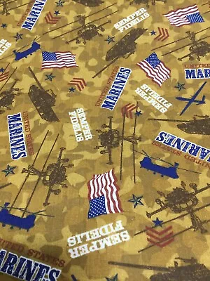US Marines Tanks  Helicopter  Semper Fi Flags Patriotic Brown Cotton Fabric Yard • $8.75