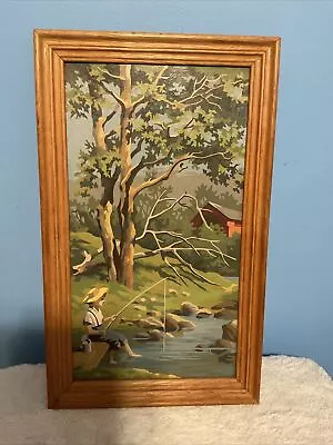 Mid Century Paint By Number Oil Painting Boy Fishing Pond Summer 1960’s  Vintage • $40