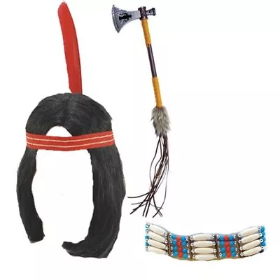 Mens Native American Warrior Red Indian Wig Tomahawk & Choker Necklace 3PC Kit • £16.95