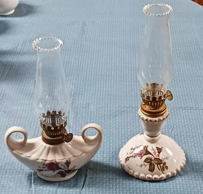 2 Vintage Moss Rose Miniature Oil Lamps 1 With Double Handles/other Beaded Base • $16