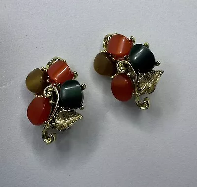 Vintage Earrings Demi Parure Lucite Gold Tone Orange Green Brown • $9.99